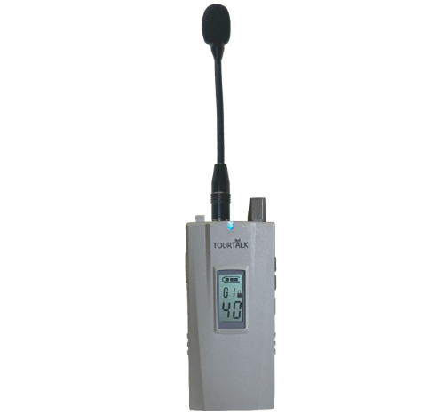 Tour guide system transmitter with plug-in microphone